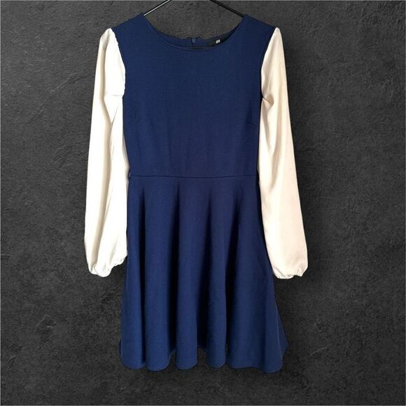 H&M sz S Womens Navy Blue Puff Sleeve Fit Flare Scoop Neck Dress Preppy Academia - Picture 2 of 5
